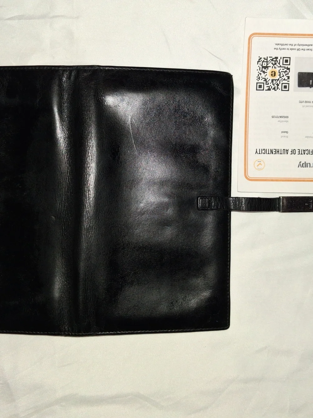 Gucci Black Wallet w/ Metal Logo Tab, Strap Closure, Card Slots, Entrupy COA